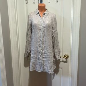 TAHARI Long Line Linen L/S Button Shirt Beige Crinkle Loose Weave S Small EUC